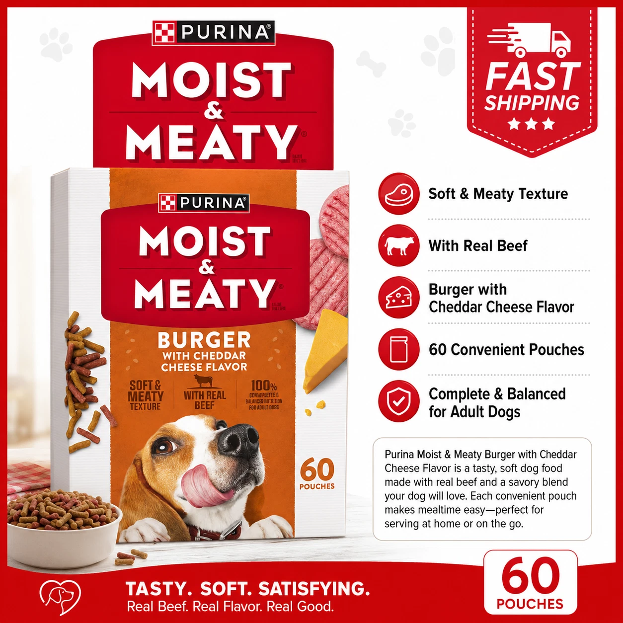 Purina Moist + Meaty Burger Cheddar Cheese Flavor Adult Dog Food, 6 oz - 60 Pack