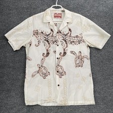 RJC Hawaiian Shirt Mens Sz L White Brown Tribal Motifs Sea Turtles Made In USA