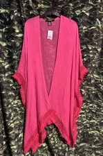 CEJON Semi Sheer Kimono Beach Coverup Pink Fringe OS New
