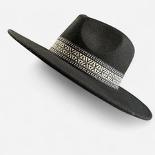 Womens Western Boho Panama Style Wide Brim Black White Fedora Hat