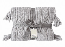 Barefoot Dreams CozyChic Cable Blanket w/ Tassels Oyster 45x60 New NWT