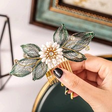 Green Flower Bride Wedding Hair Comb Gold Leaf Bridal Side Piece Prom Crystal