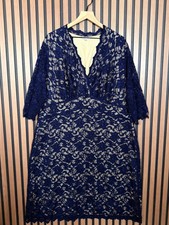 Kiyonna Lace Dress 4 Women’s Blue Beige Long Sleeve A-Line Plus Size Midi