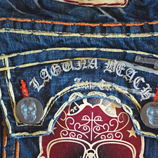 Laguna Beach Men's Medium Wash Distressed Skull Logo Straight Jeans Blue