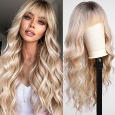 Ombre Blonde Wigs with Bangs,Long Curly Wig for Women,Blonde Long Wavy Wig Sy...