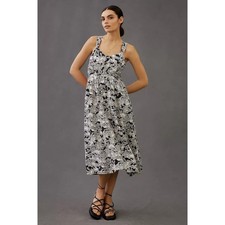  New By Anthropologie Floral Printed Midi Dress LINEN $170 X-SMALL Black 