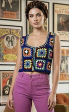 Vtg 70's Cropped Crocheted Colorful Granny Square Hippie Boho Sweater Knit Vest