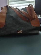 Jones New York Signature Handbag Purse Brown Monogram Pattern Faux Leather New