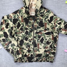 VTG Cabelas Jacket Mens LT Duck Camo Hooded Canvas Lined Hunting Windbreaker USA