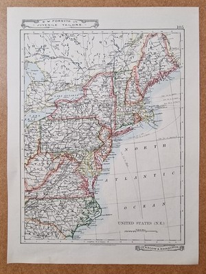 JOHNSTON Map of the North Eastern United States, 1887 Antique Engraving
