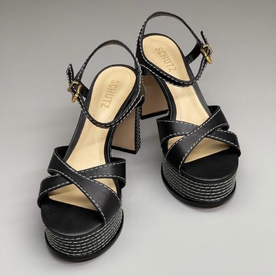 SCHUTZ Keefa Casual Women's Leather Sandal Black Platform 4'' Heel Shoes Sz 10B (