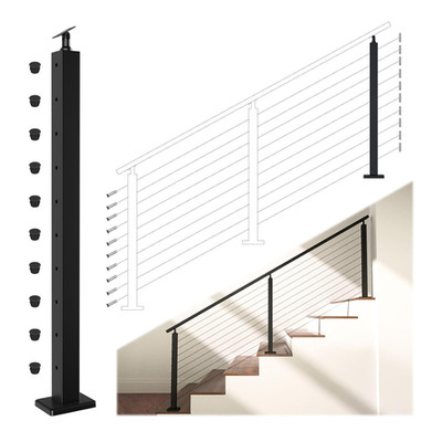 Black 36 Inch Stair Cable Railing Post for 25-35 Degrees Stair Surface Mount T30