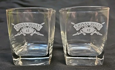 2 Chivas Regal 12 Whiskey Rocks Glasses Clear Square Bottom