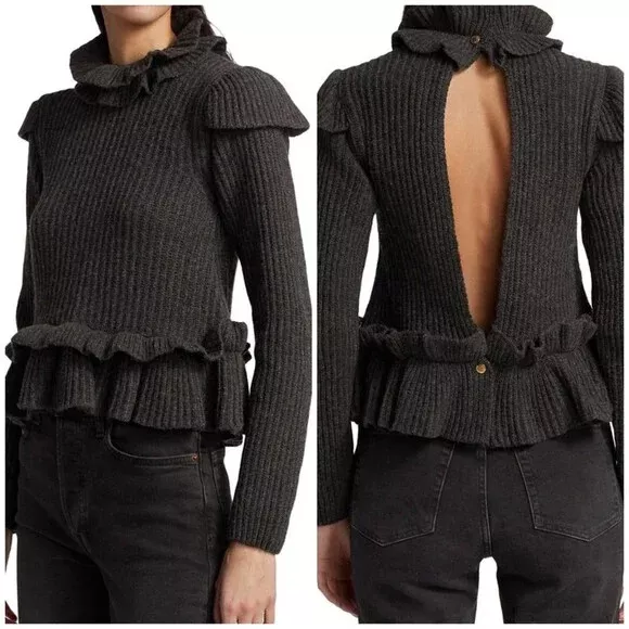 NEW GANNI Cutout Ruffled Ribbed Wool-blend Sweater in Gray size M #S4543