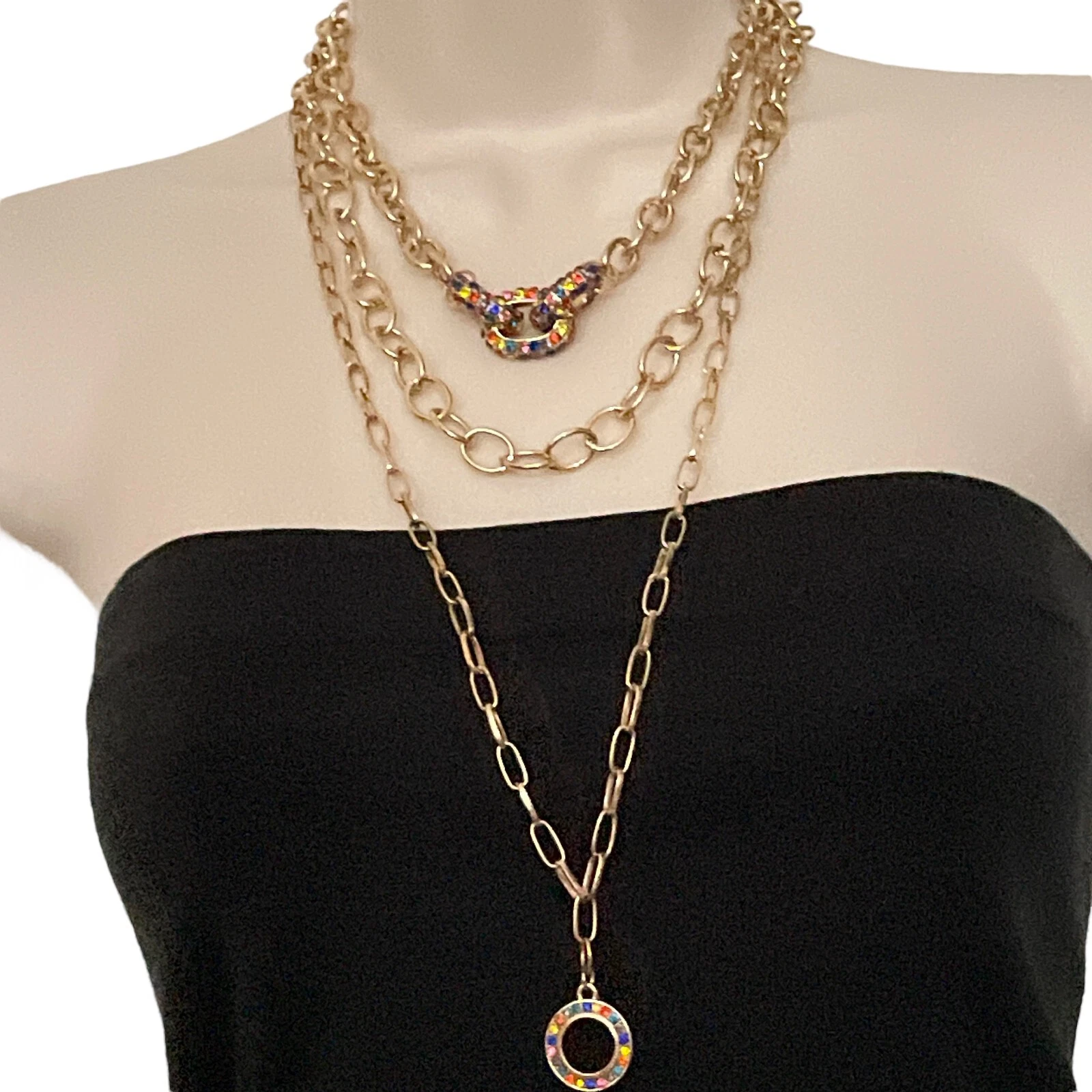 VETEMENTS Collana "NY" New York & Co Statement Strass Multicolore Tono Oro Nuova con etichette