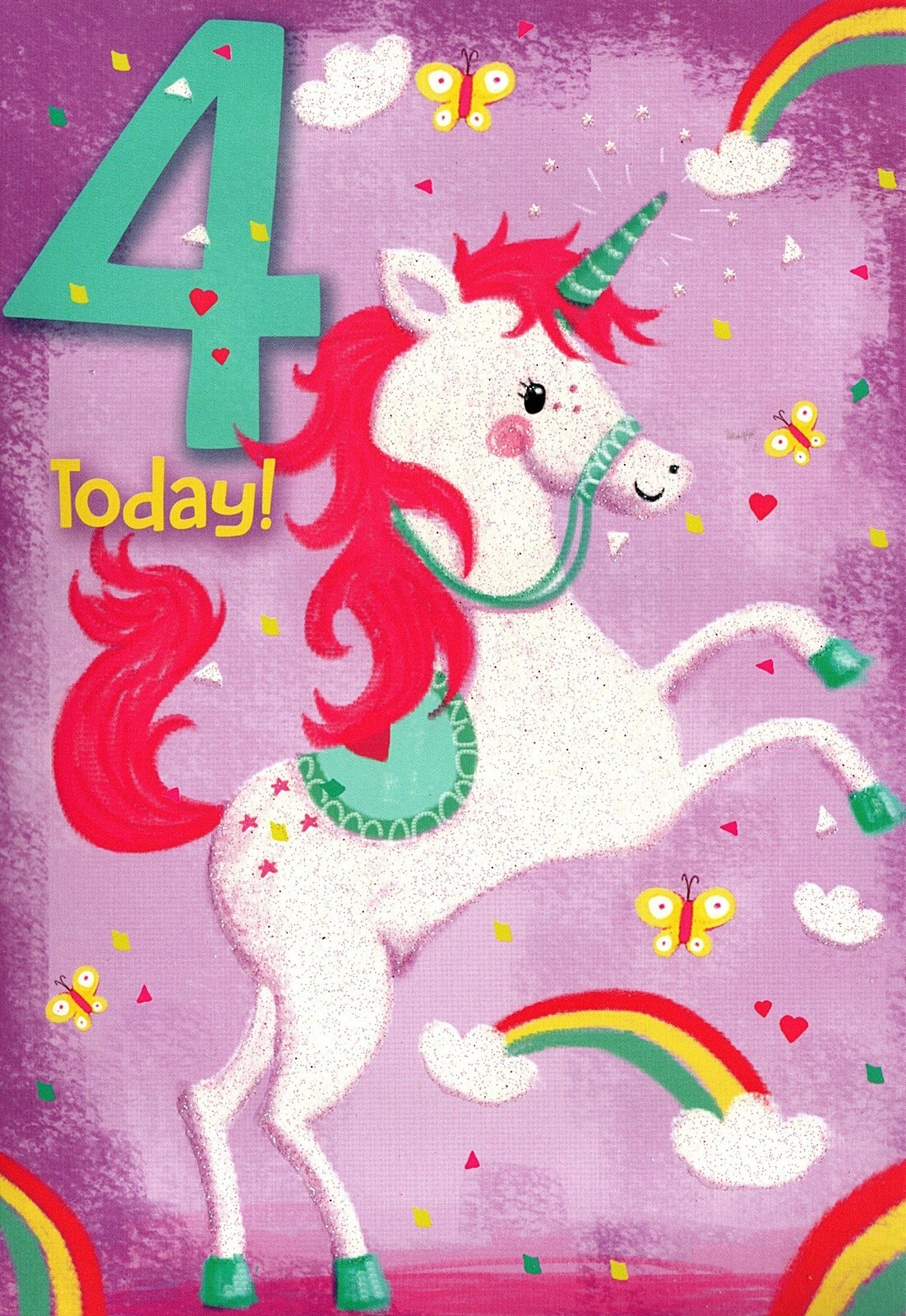 Happy 4th Birthday Card 4 Today Unicorn Rainbow Butterfly Heart Purple For Her