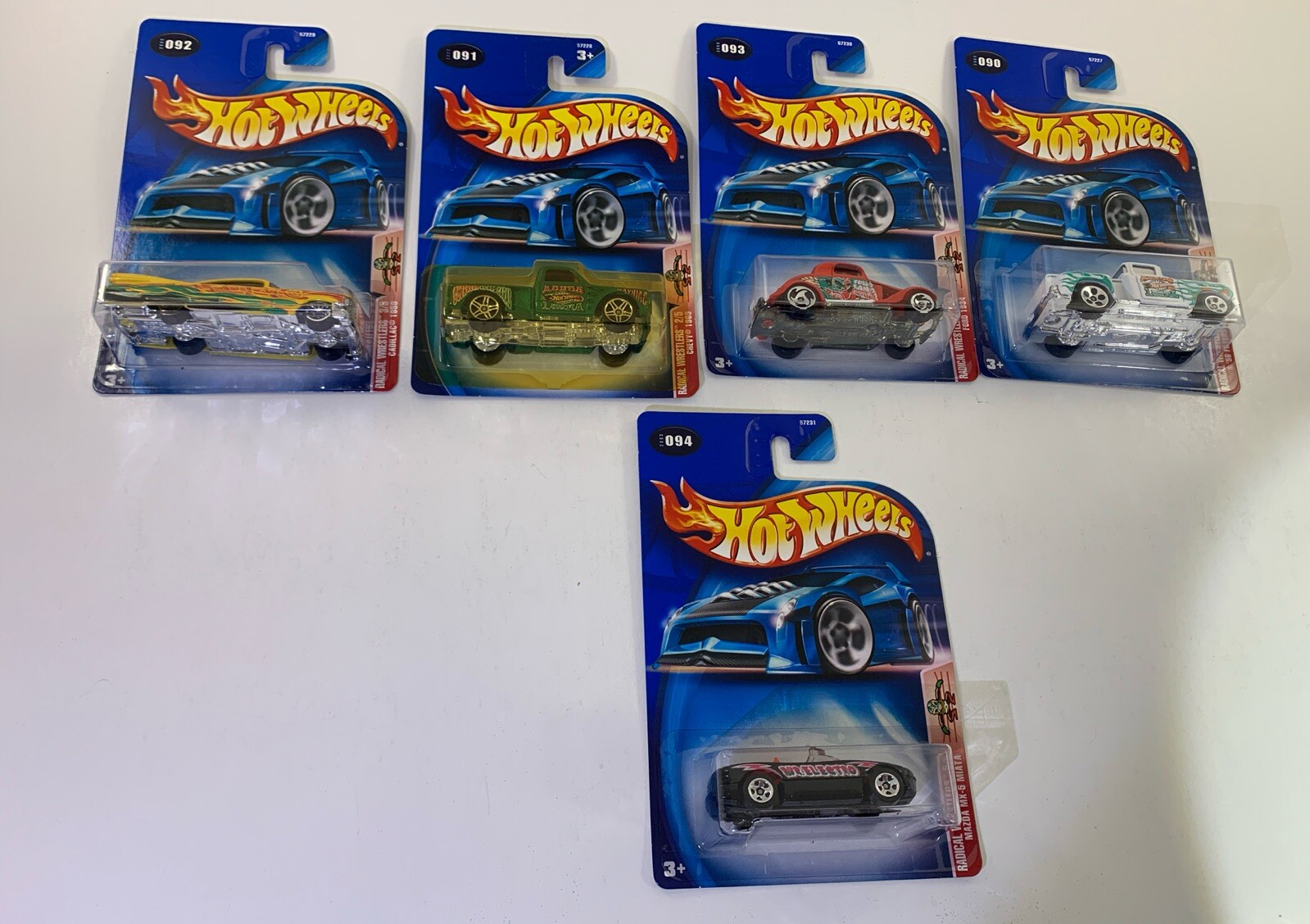 Hot Wheels 2003 Cadillac, Ford 1934, Mazda Miata, 56 Flashsider, Chevy 1969 L5