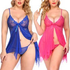 Plus Size Lingerie Set Babydoll Chemise Lace Sleepwear Boudoir Outfit Underwear