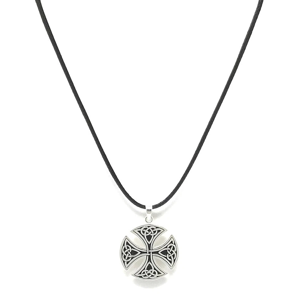 Large Round Sterling Silver Celtic Cross on 41-46cm Leatherette Cord Necklace