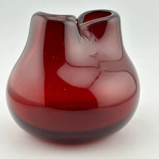 Ruby Red Studio Art Glass 3½″ Bud Vase Split Rim Double Opening 1980s Vintage