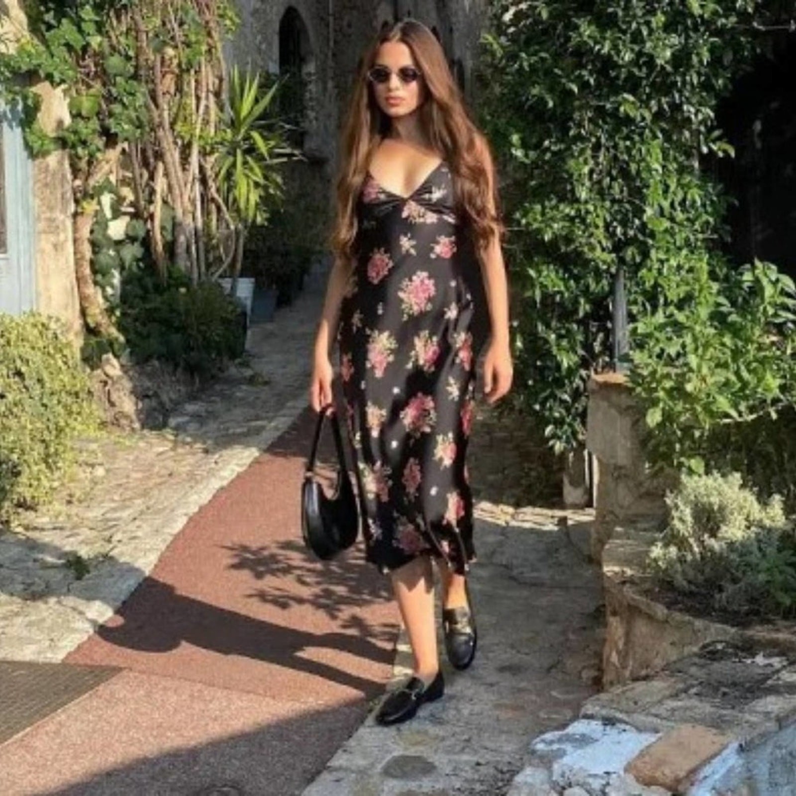 Zara Black Floral Satin Effect Midi / Maxi Slip Dress Spaghetti Straps Large