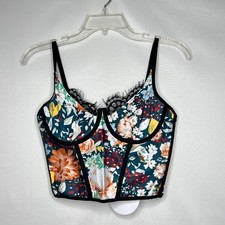 Multicolor Floral Bustier Crop Top L Corset Lace Trim Whimsigoth Fairy Grunge