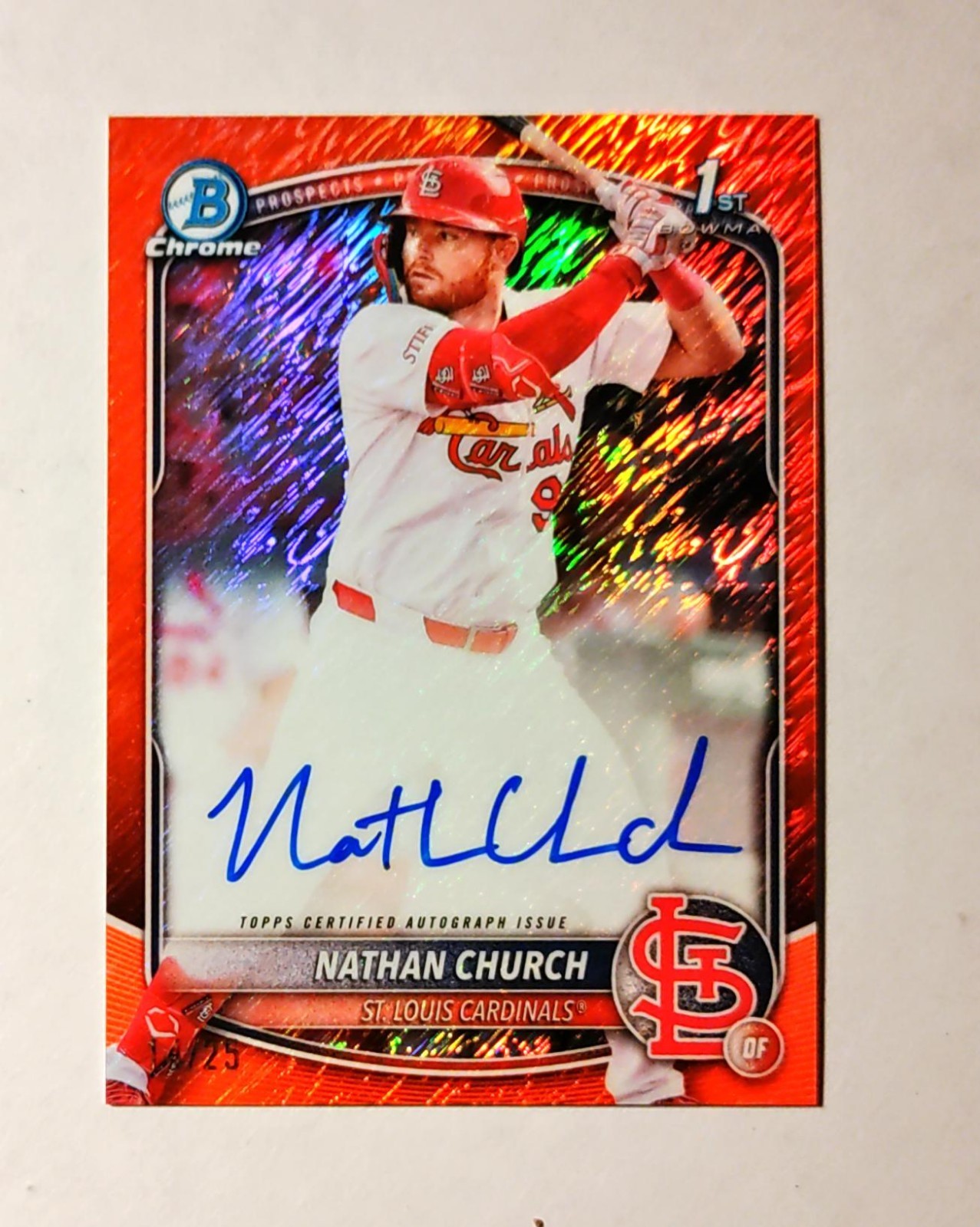 Nathan Church 2025 1st Bowman Chrome AUTO ORANGE Shimmer REFRACTOR 14/25 RC L6