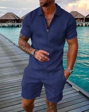 Men's Casual Polo Shirt Shorts 2pcs Set Solid V-neck Zipper Short Sleeve Suits