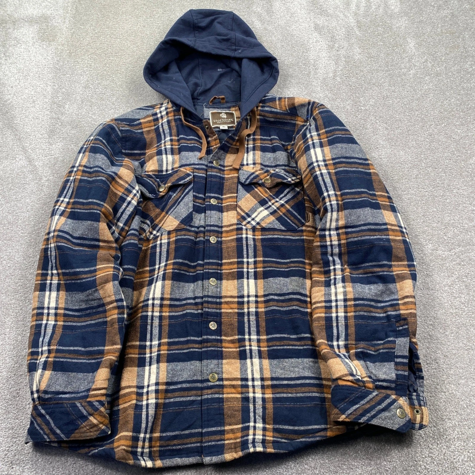 Legendary Outfitters Hooded Flannel Jacket Mens XL Blue Tan Plaid Quilted Lined