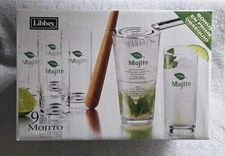 Libbey Glass 9 Piece Mojito Cocktail Set Mixer/Strainer, Wood Muddler, 6 Glasses