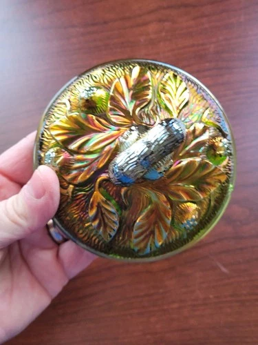 Pretty Green Northwood Carnival Glass Acorn Burrs Sugar Lid