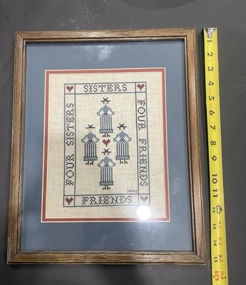 Framed ''Four Sisters Four Friends'' cross-stitch Wall Art by JPP93. 12'' x 15.5''