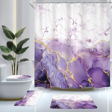 4Pcs Purple Marble Shower Curtain Set, Abstract Lilac Gold Cracked Lines Mode...