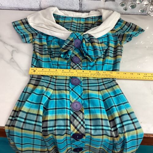 1950's Vintage Check Plaid Print Midi Tea Dress With Statement Bow Size XS - Picture 9 of 11