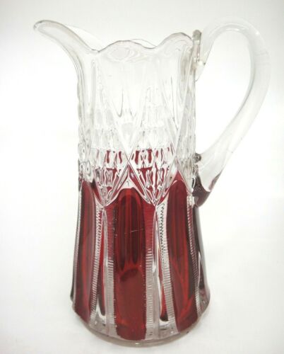 EAPG Duncan & Miller Ladders and Diamonds Glass Pitcher Ruby Flash Panels 10"
