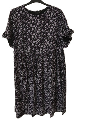 Curve Kleid Übergröße 18 20 22 24 schwarz lila Rüsche Ärmel Stretch Ditsy Druck
