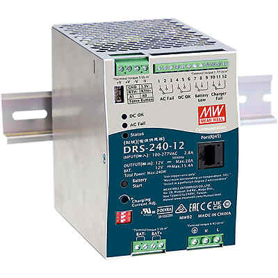 Mean Well DRS-240-12 AC-DC Power Supply/UPS/Battery Charger - DIN Rail - 12VD...