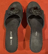 Lindsay Phillips Women’s Rope Wedge 3” Heel Black Snap Slip On Sandal Sz 8