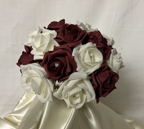 Posy Bride Or Bridesmaid Arrangement wedding Flowers ivory & burgundy Roses - Picture 2 of 4