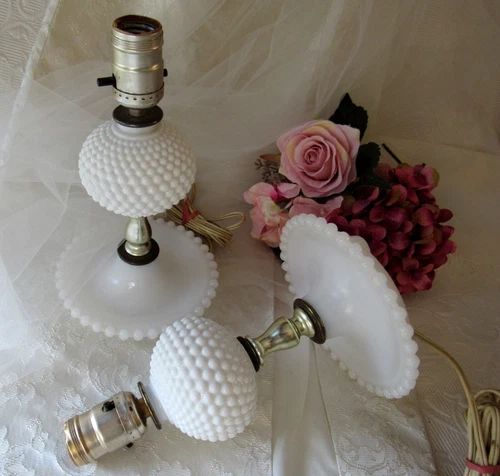 9.5" Vintage Milk Glass Hobnail Matching Boudoir Lamps,Cottage,Farmhouse,Vanity