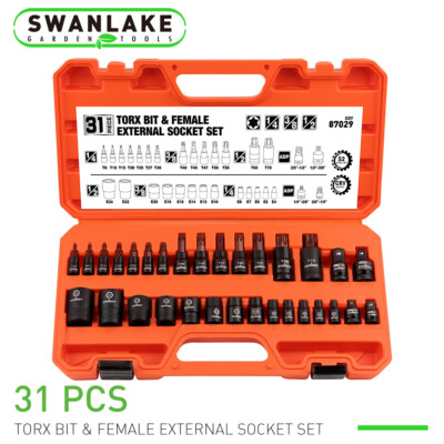 31PC Torx Bit & Female External Socket Set T8- T70 E4-E24 Impact Socket ...