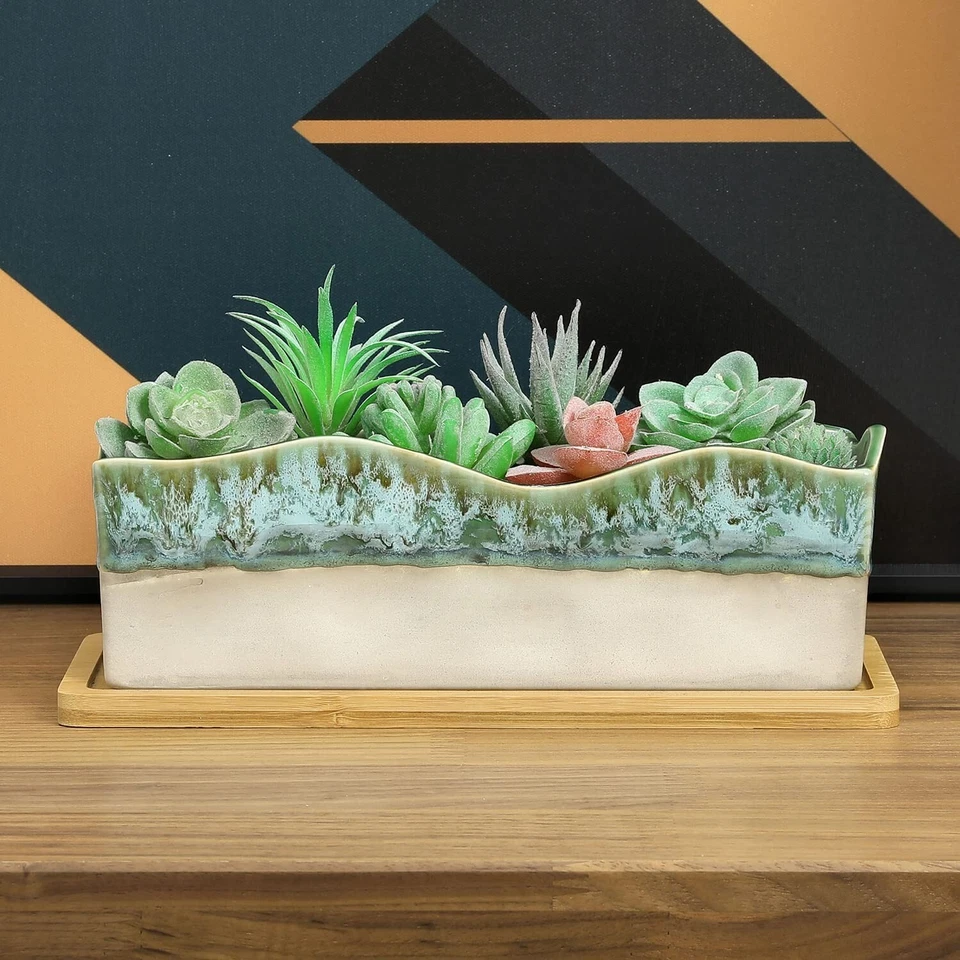 MyGift Green Beige Glazed Ceramic Succulent Planter with Removable Bamboo Tray - Image 4 of 4