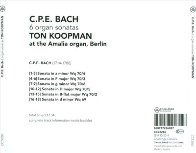 TON KOOPMAN C.P.E. BACH: 6 ORGAN SONATAS NEW CD