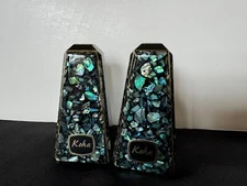 Vintage Koha NZ Paua Shell Iridescent Abalone Inlaid Shell Salt Pepper Shakers