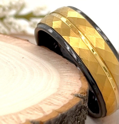Black Tungsten 8mm Proposal Ring Gold Hammered Texture Band For Christmas Gifts