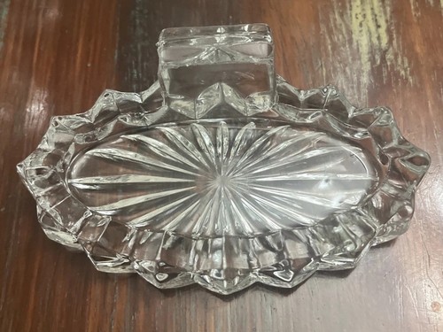 Vintage Fostoria American Glass Cube Oblong Ashtray w Safety Match Stand 5”
