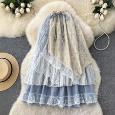 Women Layered Lace Midi Skirt Elastic Waist Patchwork Ruffle A-Line Retro