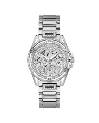 Guess Queen Damen Armbanduhr mit Zirkonen, Silber, Edelstahlarmband, 5 bar Wass
