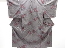 7620459: JAPANESE KIMONO / SILK / DORO OSHIMA TSUMUGI / WOVEN LEAVES