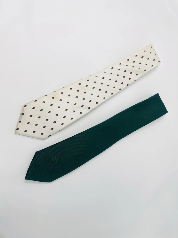 Juego De 2 Corbatas De Colección Christian Dior Para Hombre Verde Logo Corbata Blanco Diamante Seda Foto 2 de 4